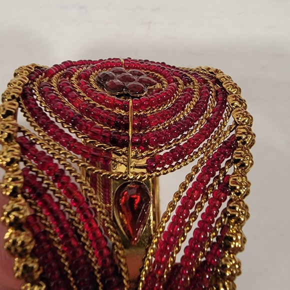 Beaded Hinged Cuff Bracelet, Gold Tone and Red Beads - Picture 11 of 11